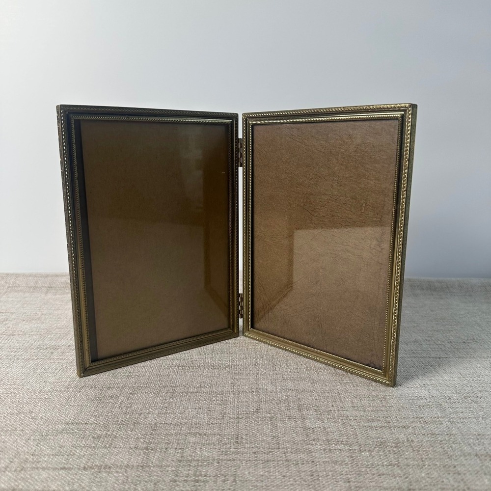 Vintage Brass Tone Double Picture Frame 5x7 | Ornate Hinged Folding Metal Frame